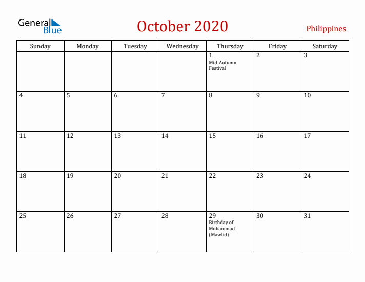 Philippines October 2020 Calendar - Sunday Start