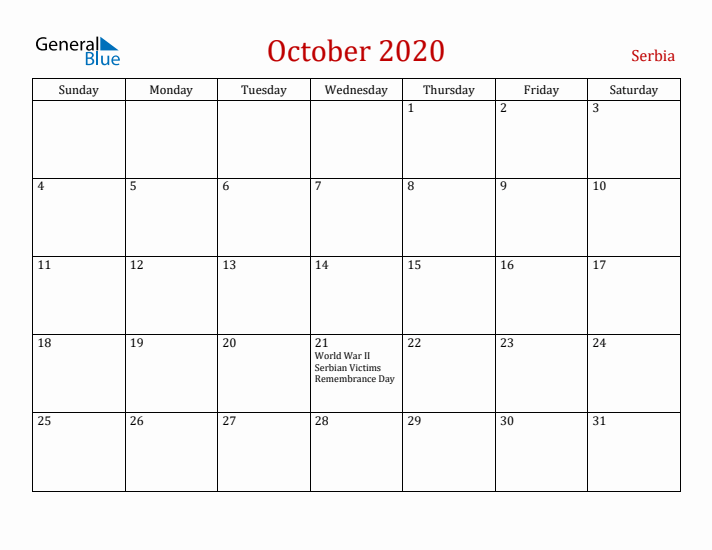 Serbia October 2020 Calendar - Sunday Start