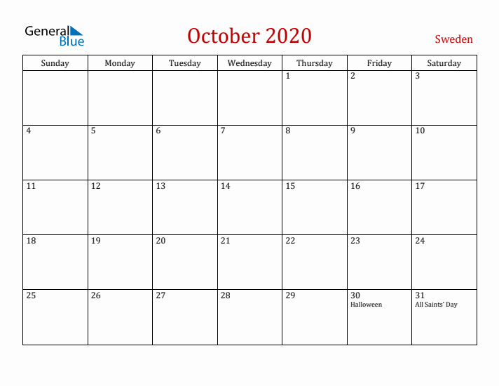 Sweden October 2020 Calendar - Sunday Start