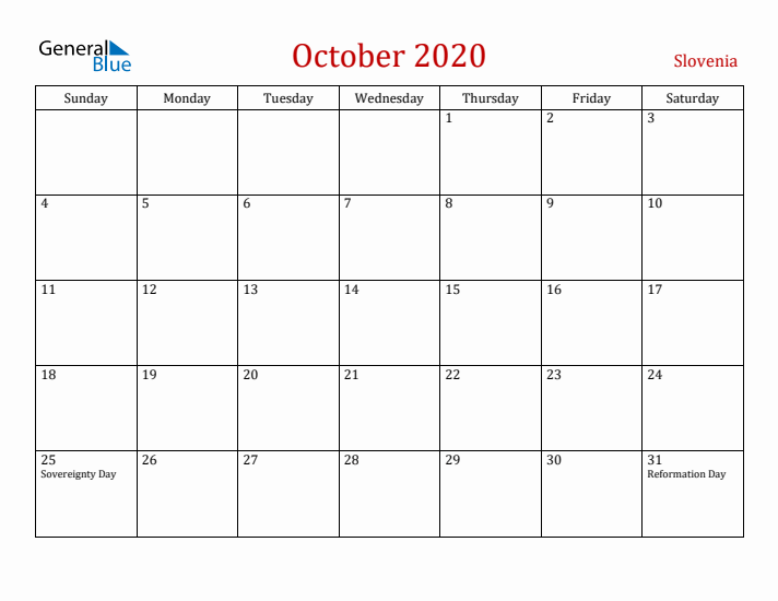 Slovenia October 2020 Calendar - Sunday Start