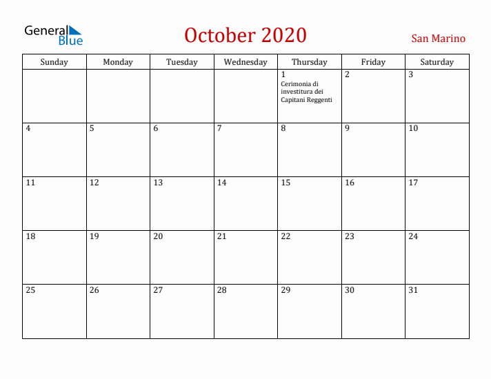 San Marino October 2020 Calendar - Sunday Start