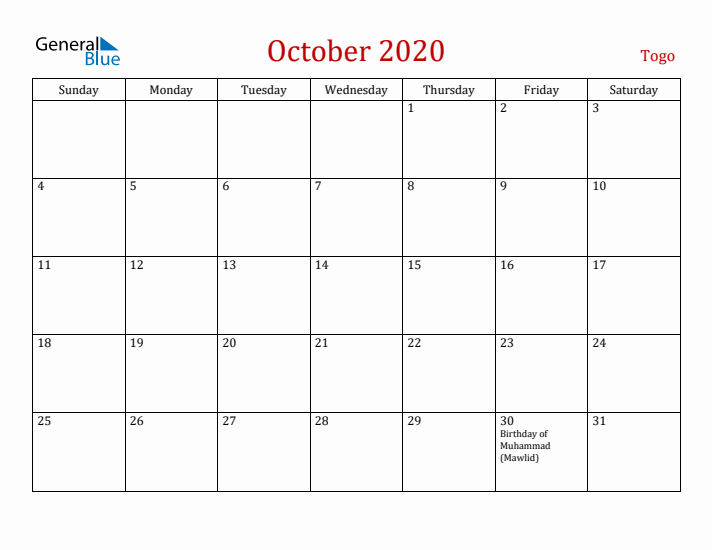 Togo October 2020 Calendar - Sunday Start