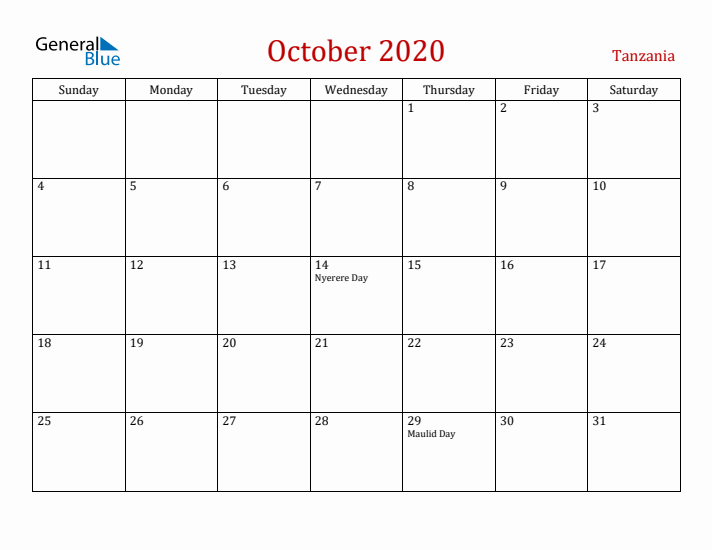 Tanzania October 2020 Calendar - Sunday Start