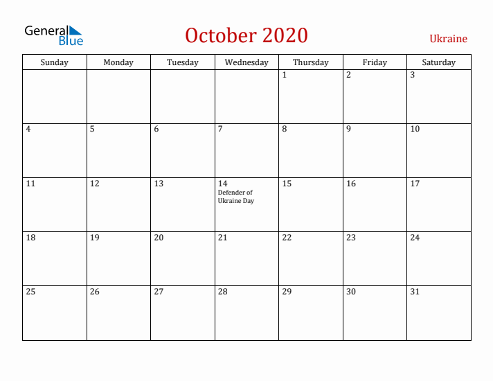 Ukraine October 2020 Calendar - Sunday Start