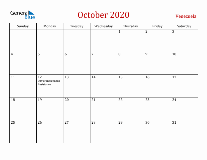 Venezuela October 2020 Calendar - Sunday Start