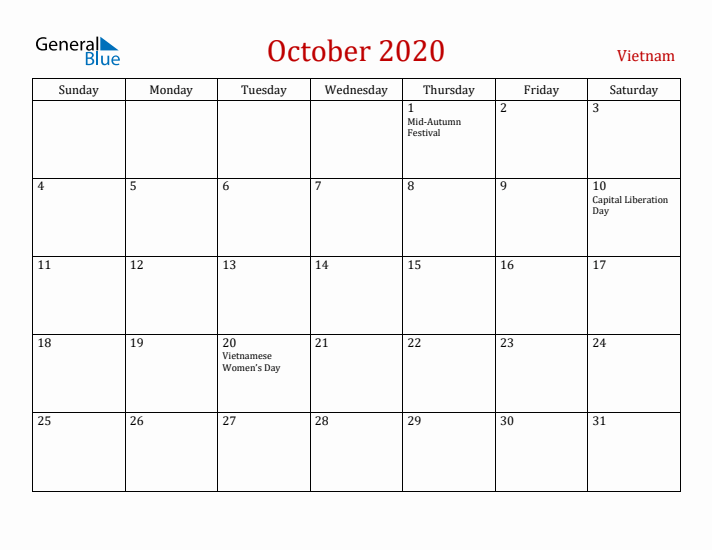 Vietnam October 2020 Calendar - Sunday Start