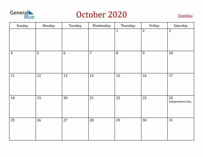 Zambia October 2020 Calendar - Sunday Start