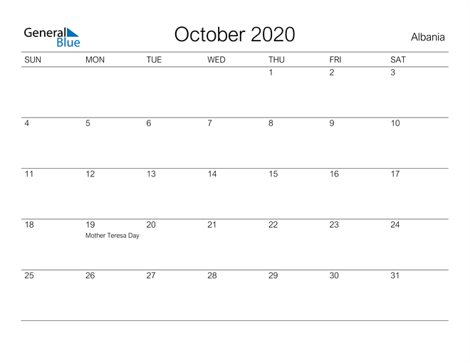 Printable October 2020 Calendar for Albania