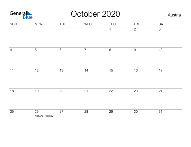 Printable October 2020 Calendar for Austria