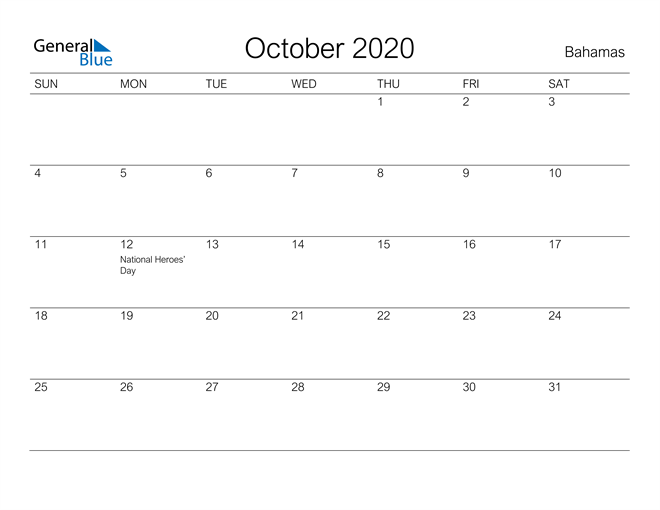 Printable October 2020 Calendar for Bahamas