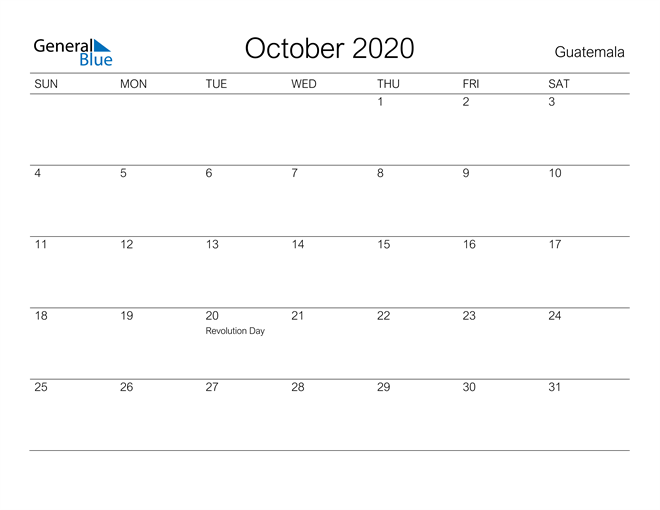 Printable October 2020 Calendar for Guatemala