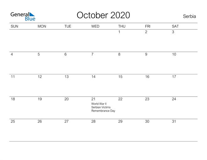 Printable October 2020 Calendar for Serbia