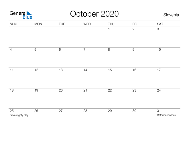 Printable October 2020 Calendar for Slovenia