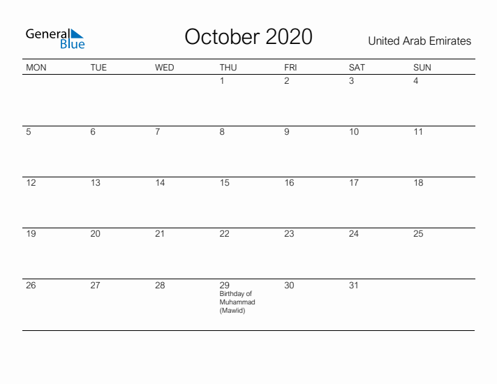 Printable October 2020 Calendar for United Arab Emirates