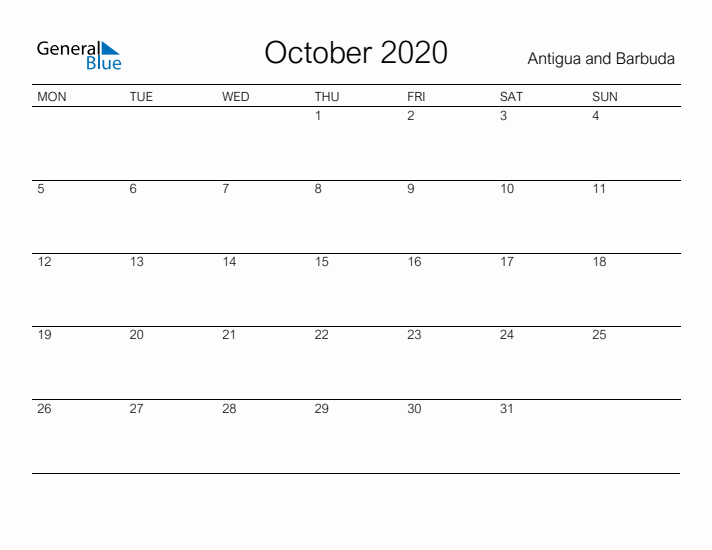 Printable October 2020 Calendar for Antigua and Barbuda