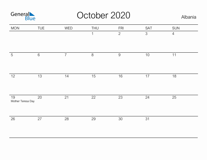 Printable October 2020 Calendar for Albania