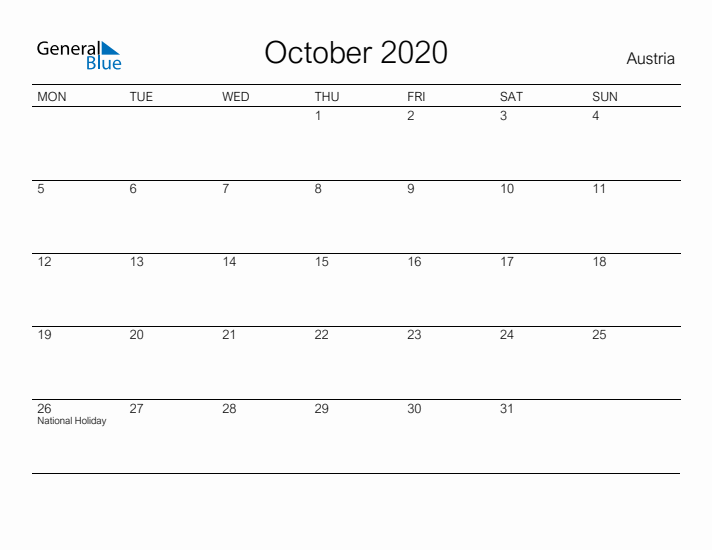 Printable October 2020 Calendar for Austria