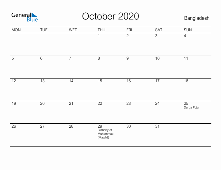 Printable October 2020 Calendar for Bangladesh