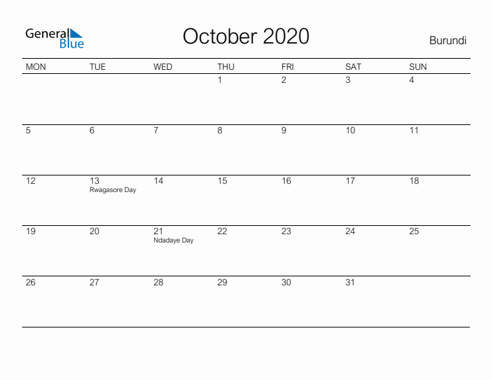 Printable October 2020 Calendar for Burundi