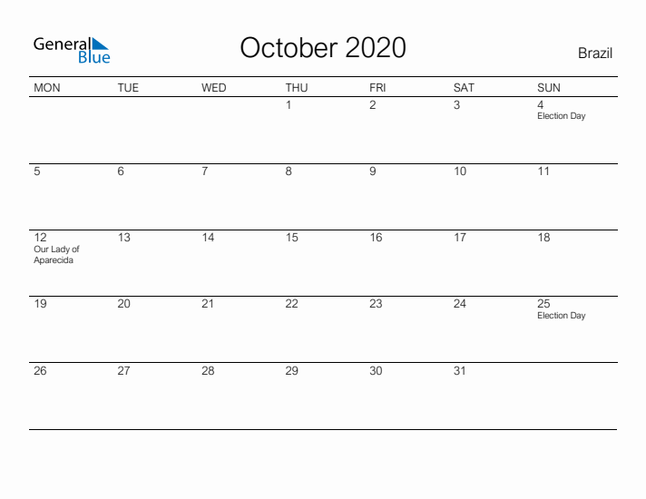 Printable October 2020 Calendar for Brazil