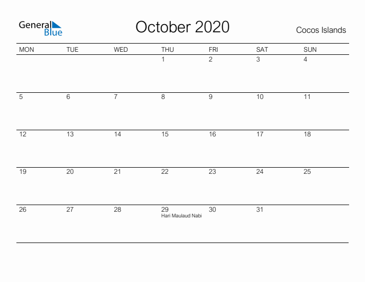 Printable October 2020 Calendar for Cocos Islands