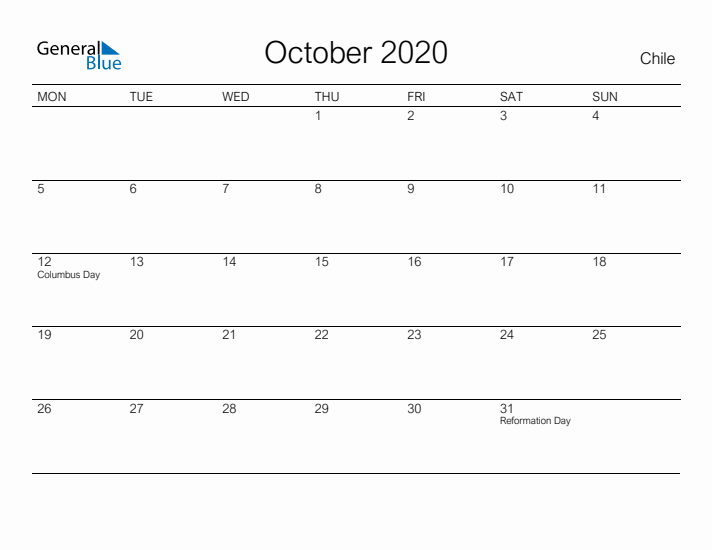 Printable October 2020 Calendar for Chile