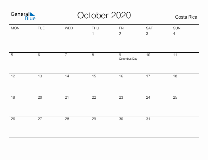 Printable October 2020 Calendar for Costa Rica