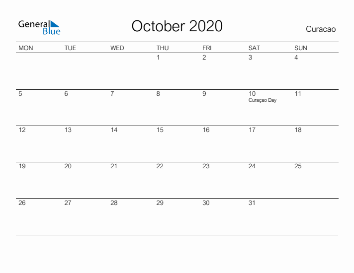 Printable October 2020 Calendar for Curacao