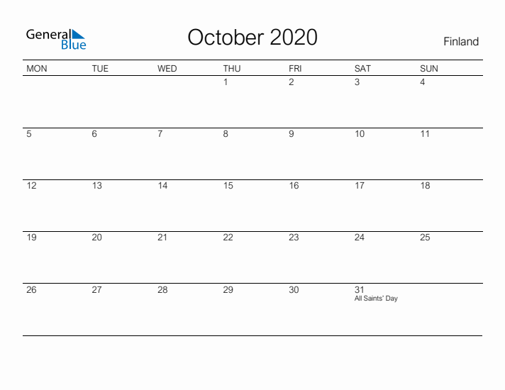 Printable October 2020 Calendar for Finland