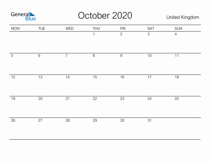 Printable October 2020 Calendar for United Kingdom