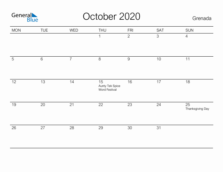 Printable October 2020 Calendar for Grenada