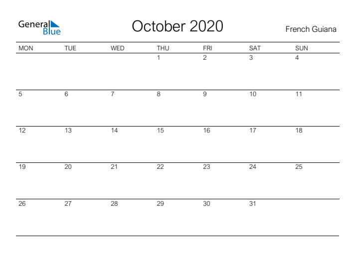Printable October 2020 Calendar for French Guiana