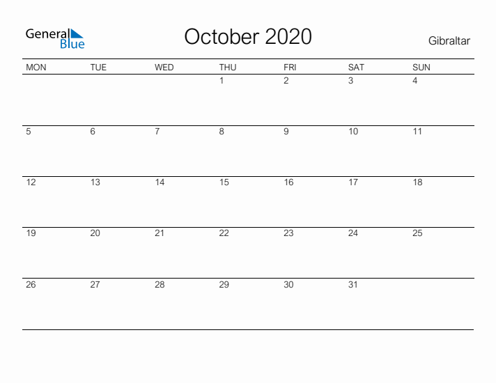 Printable October 2020 Calendar for Gibraltar