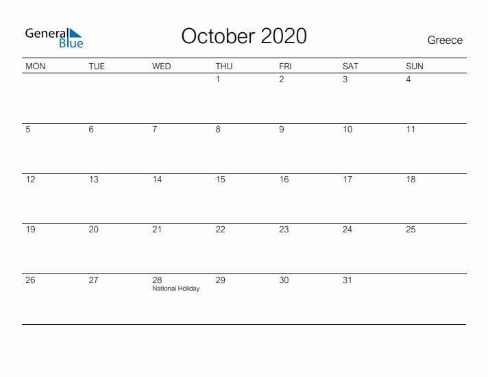 Printable October 2020 Calendar for Greece