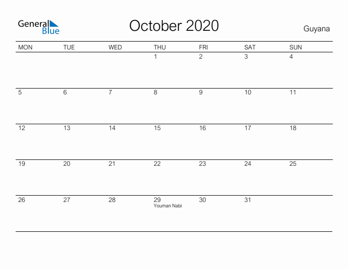Printable October 2020 Calendar for Guyana