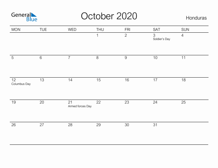 Printable October 2020 Calendar for Honduras