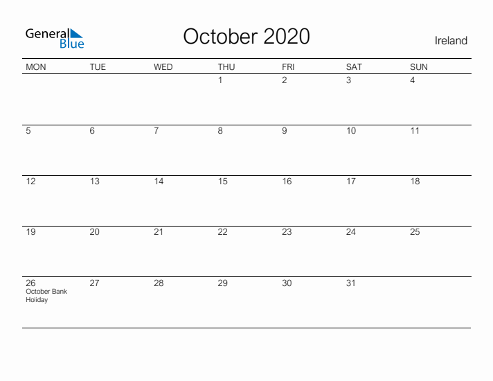 Printable October 2020 Calendar for Ireland