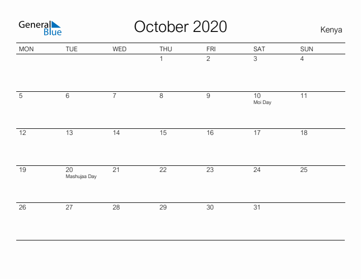 Printable October 2020 Calendar for Kenya