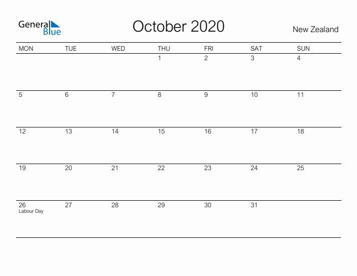 Printable October 2020 Calendar for New Zealand