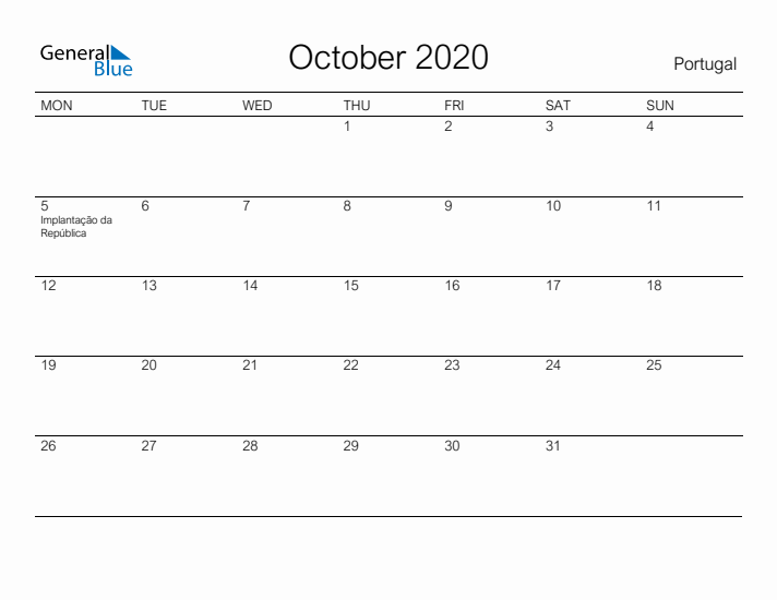 Printable October 2020 Calendar for Portugal