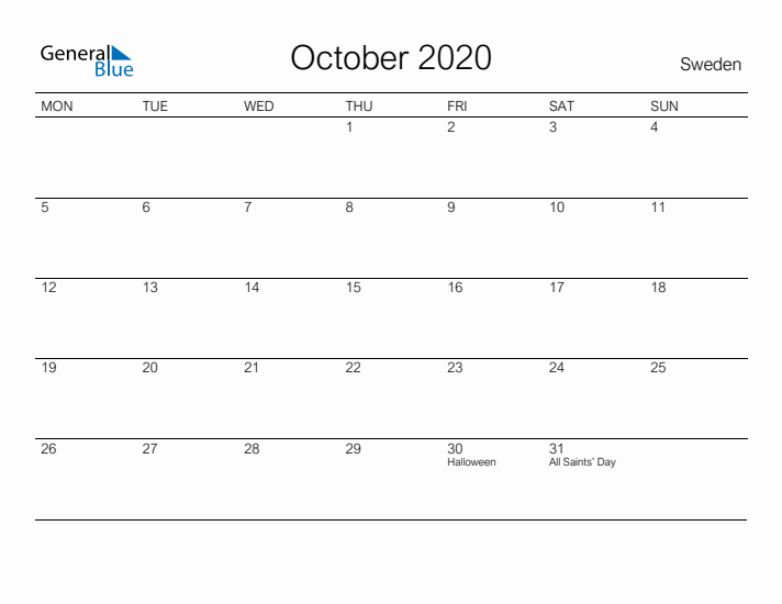 Printable October 2020 Calendar for Sweden