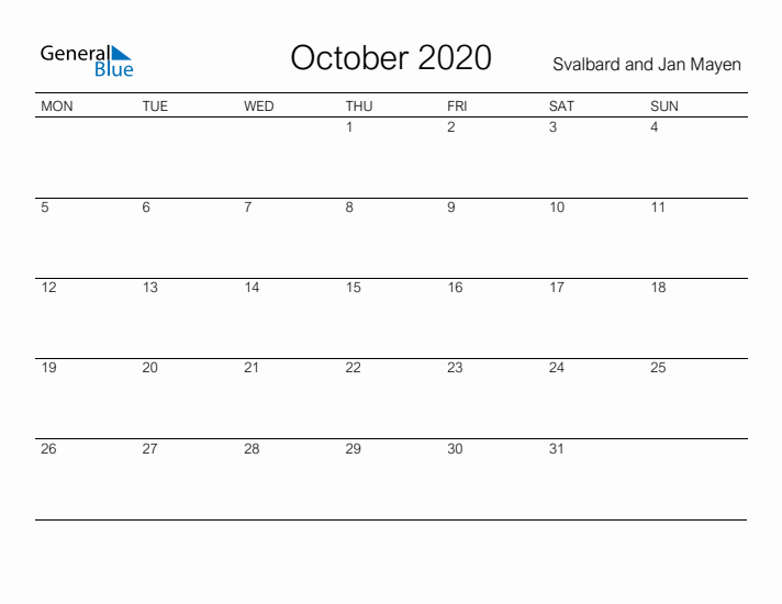 Printable October 2020 Calendar for Svalbard and Jan Mayen
