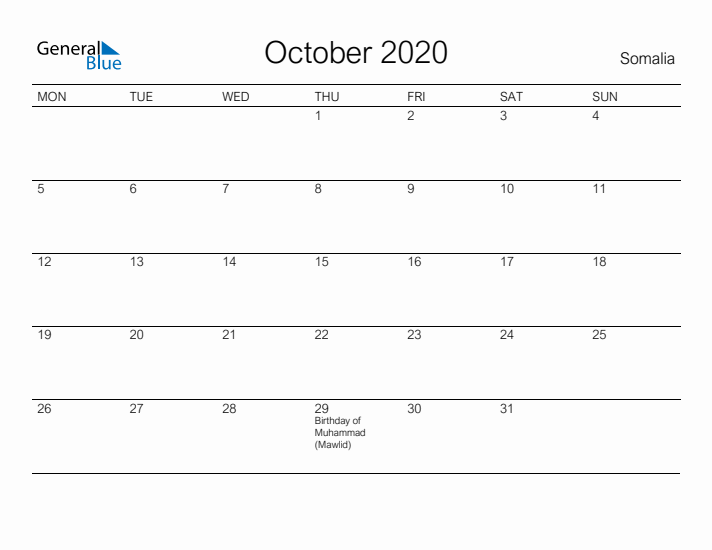 Printable October 2020 Calendar for Somalia