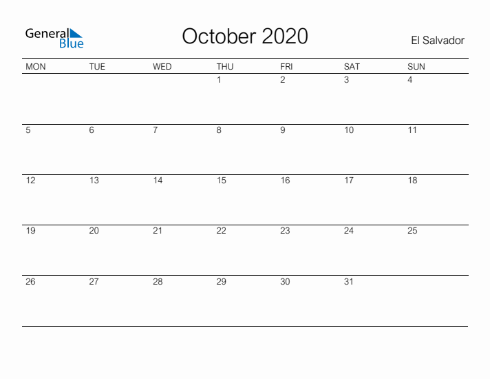 Printable October 2020 Calendar for El Salvador