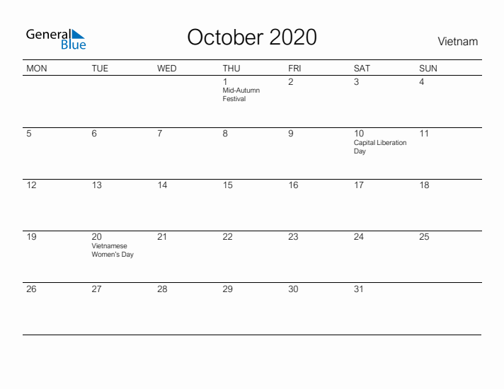 Printable October 2020 Calendar for Vietnam