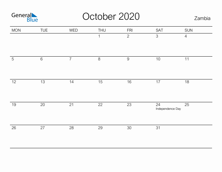 Printable October 2020 Calendar for Zambia