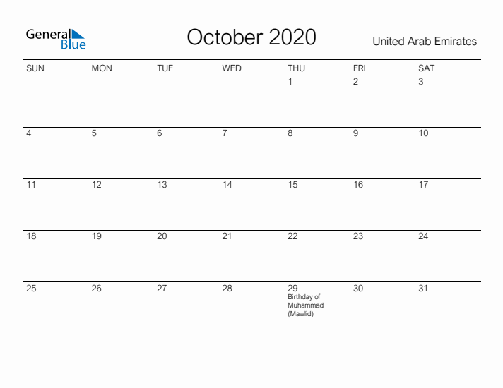 Printable October 2020 Calendar for United Arab Emirates