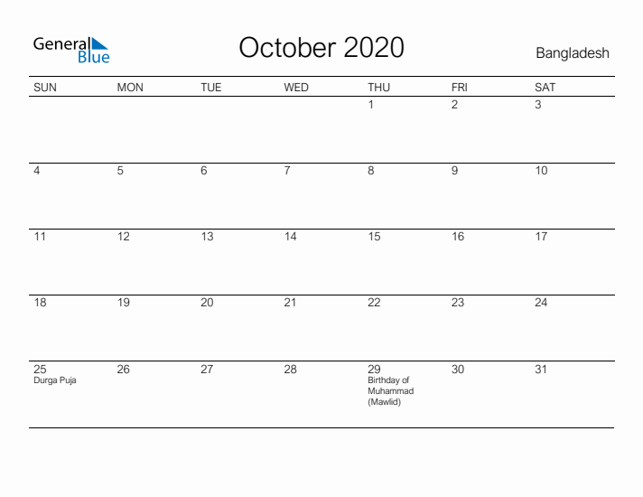 Printable October 2020 Calendar for Bangladesh