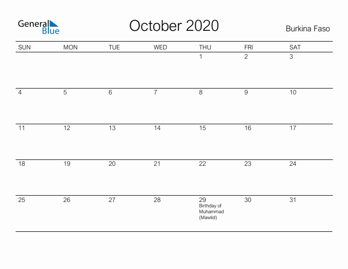 Printable October 2020 Calendar for Burkina Faso