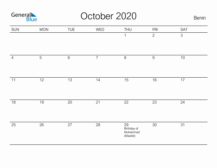 Printable October 2020 Calendar for Benin